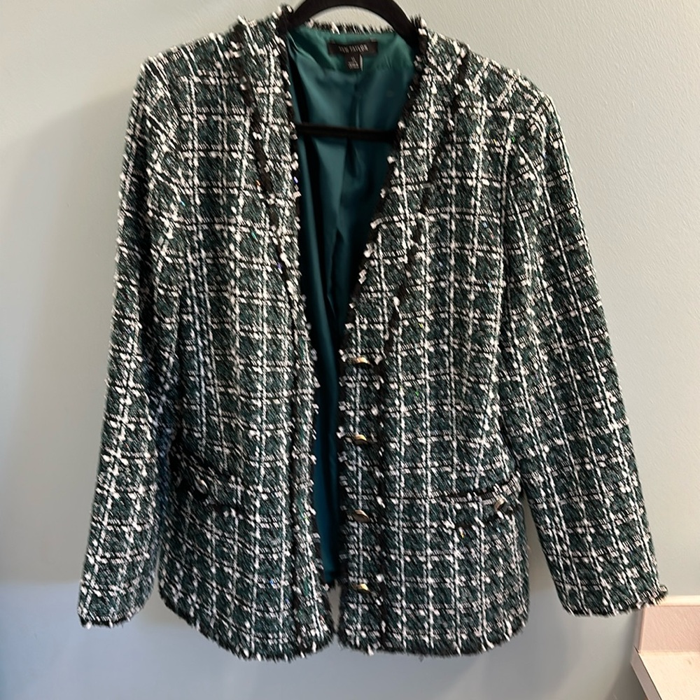 Ann Taylor, size 12, green shimmer tweed cardigan jacket